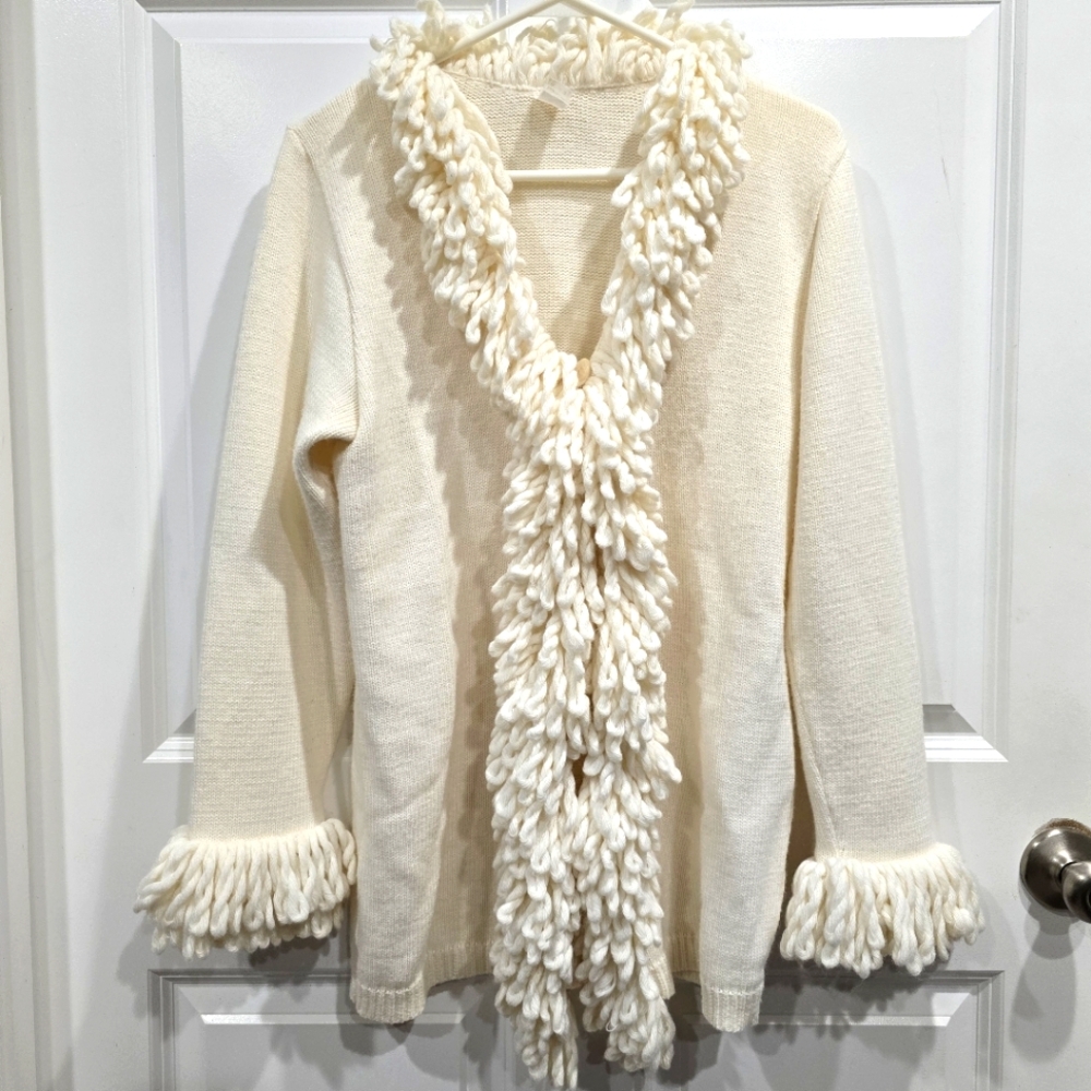 Cardigan Sweater Sz M Loop Fringe Beige Cream Button Closure